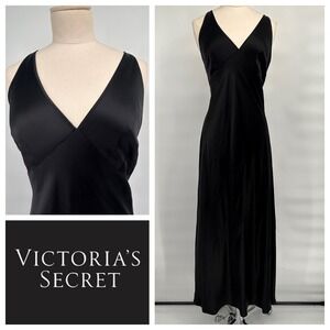 NWT Victoria's Secret Black‎ Silk Maxi Spaghetti Strap Slip Chemise Medium